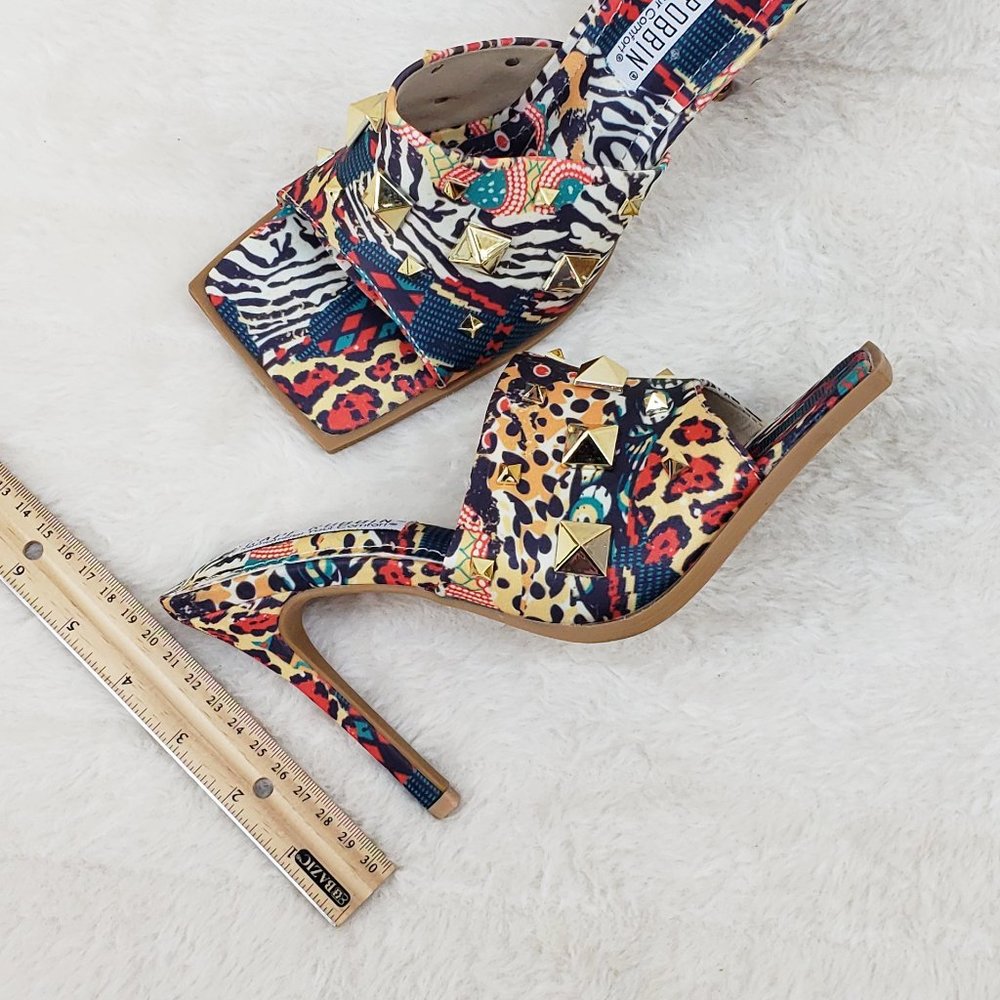 Popo Slip On Sqaure Open Toe High Heels Clogs Mules Slides  multi Color Print - Picture 9 of 9